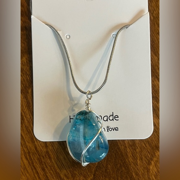 Handmade Blue Pendant Stone in Silver Wire Wrap & Chain Necklace New - Picture 2 of 4